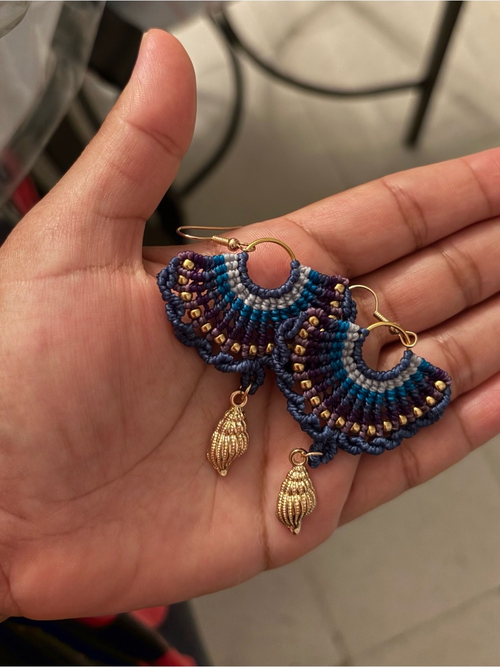 Handcrafted Navy & Teal Fan Drop Earrings with Gold Accents